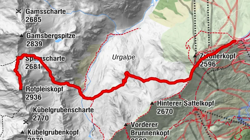 Rotpleiskopf (2936 m) über Spinnseensteig