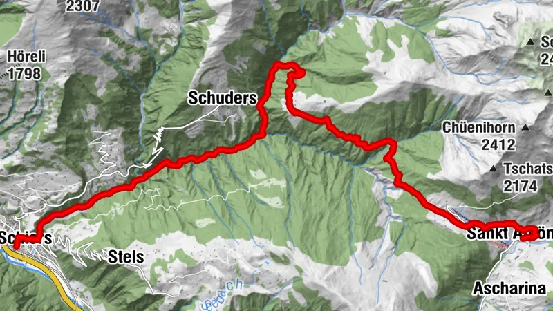 De St. Antönien via le pont suspendu Chleibach jusqu'à Schiers