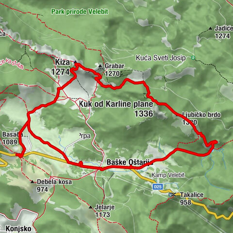 Baške Oštarije - Kiza - Kuk od Karline plane - Ljubičko brdo
