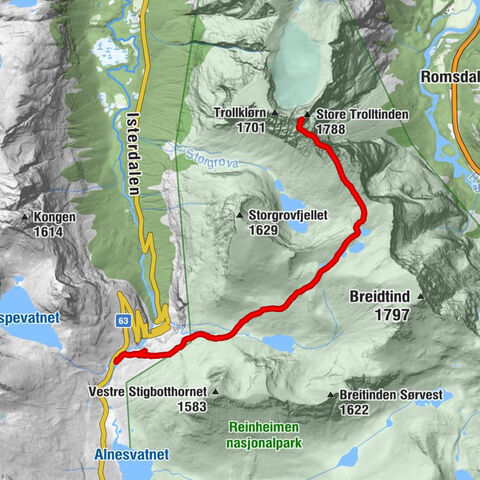Trollstigen - Trollstigen og Stigfossen - Store Trolltinden - Bruraskaret