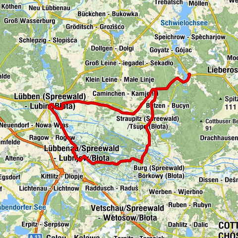 Lamsfeld - Njagluz - Gasthof Graßmel - Lübben (Spreewald) - Lubin (Błota) - Ev. Schinkelkirche Straupitz