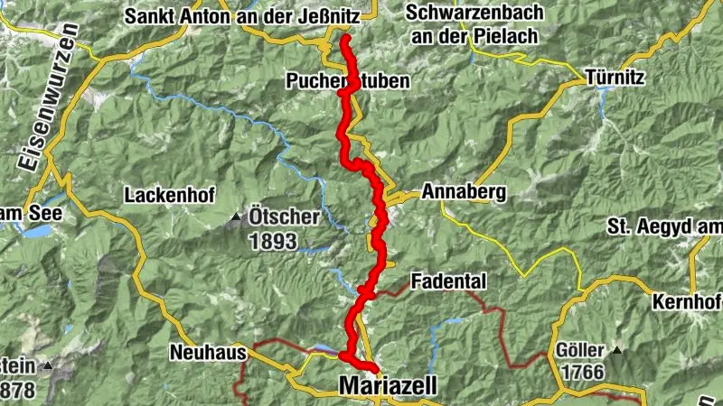 Ligne de la Mariazellerbahn en descendant la vallée