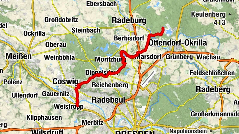 Roter Strich: Niederwartha - Radebeul - Dippelsdorf - Bärnsdorf - Königsbrück
