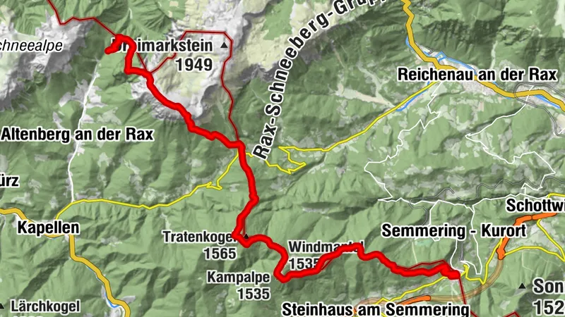 Altenberg-Parkplatz-Nasskamm-Gamseck-Heukuppe-Reißtaler Steig-Preiner Gscheid-Paulinenquelle-Windmantel-Kampalpe-Semmering Beschneiungsteich Passhöhe